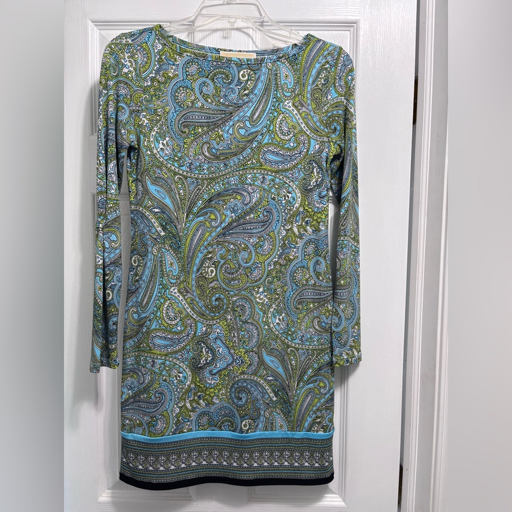 Long Sleeve Paisley Print Dress in Blue & Green